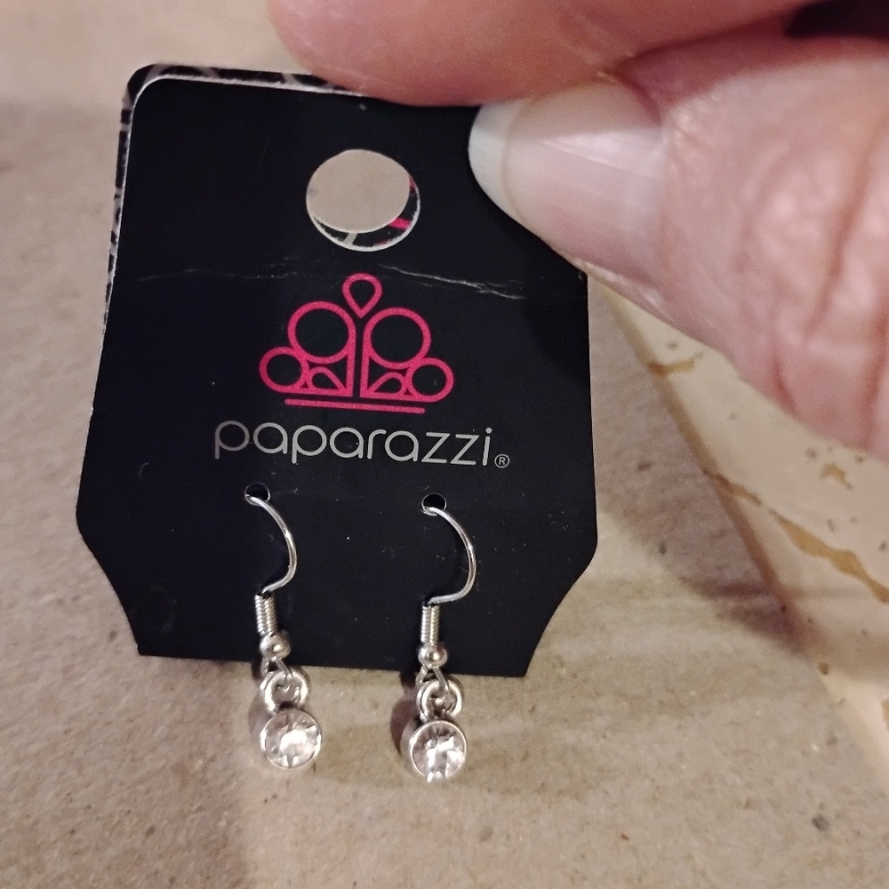 Paparazzi (R) Hanging Earrings Silverton FishHooks Christal White Rhinestones